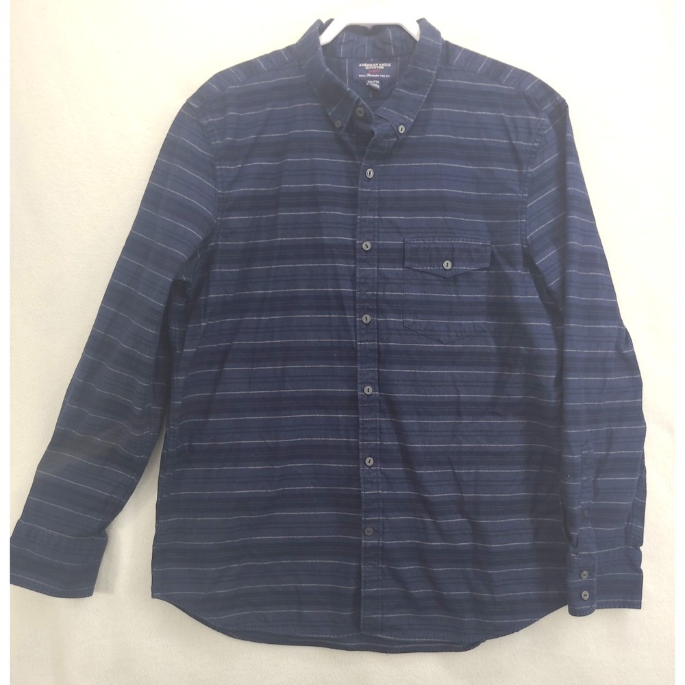 AMERICAN EAGLE Button Down Shirt 2X Navy Blue Striped Long Sleeve Heavyweight